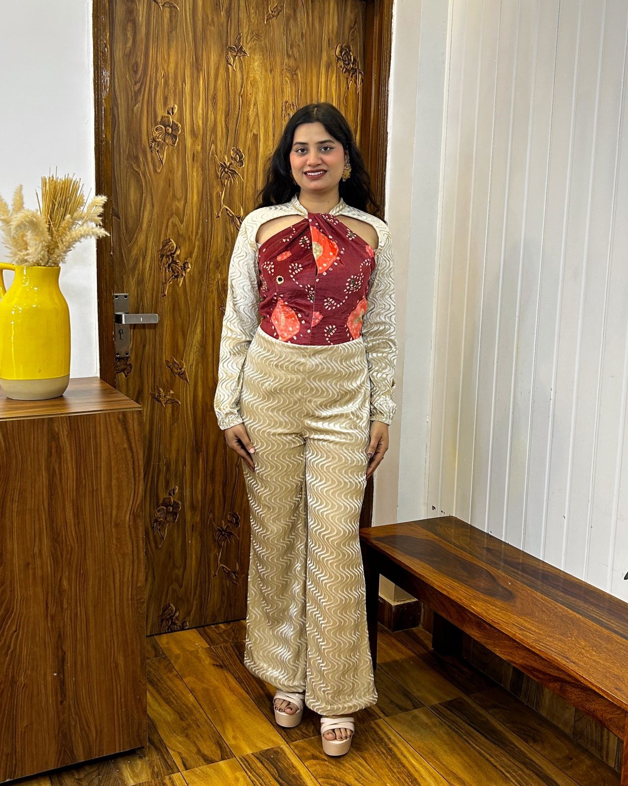 Beige Bandhej Jumpsuit